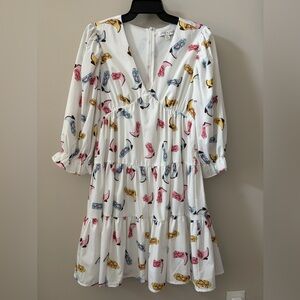 She + Sky White tiered dress with colorful western boot print and ruffle sleeves